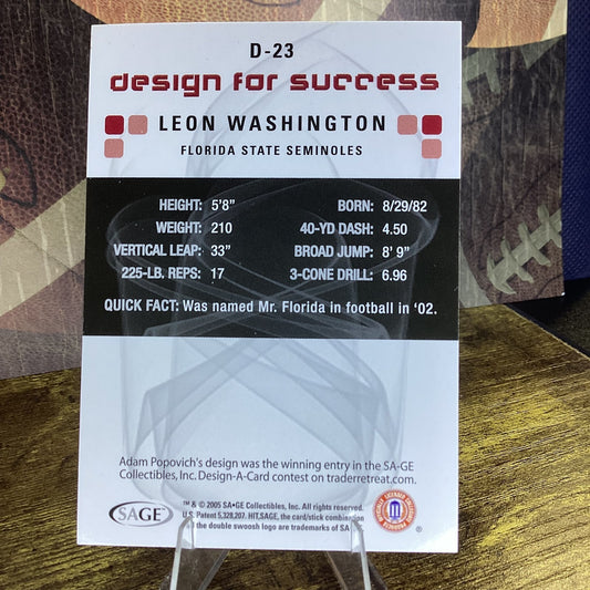 2006 SAGE Hit - Design for Success Leon Washington #D-23 Green (RC)