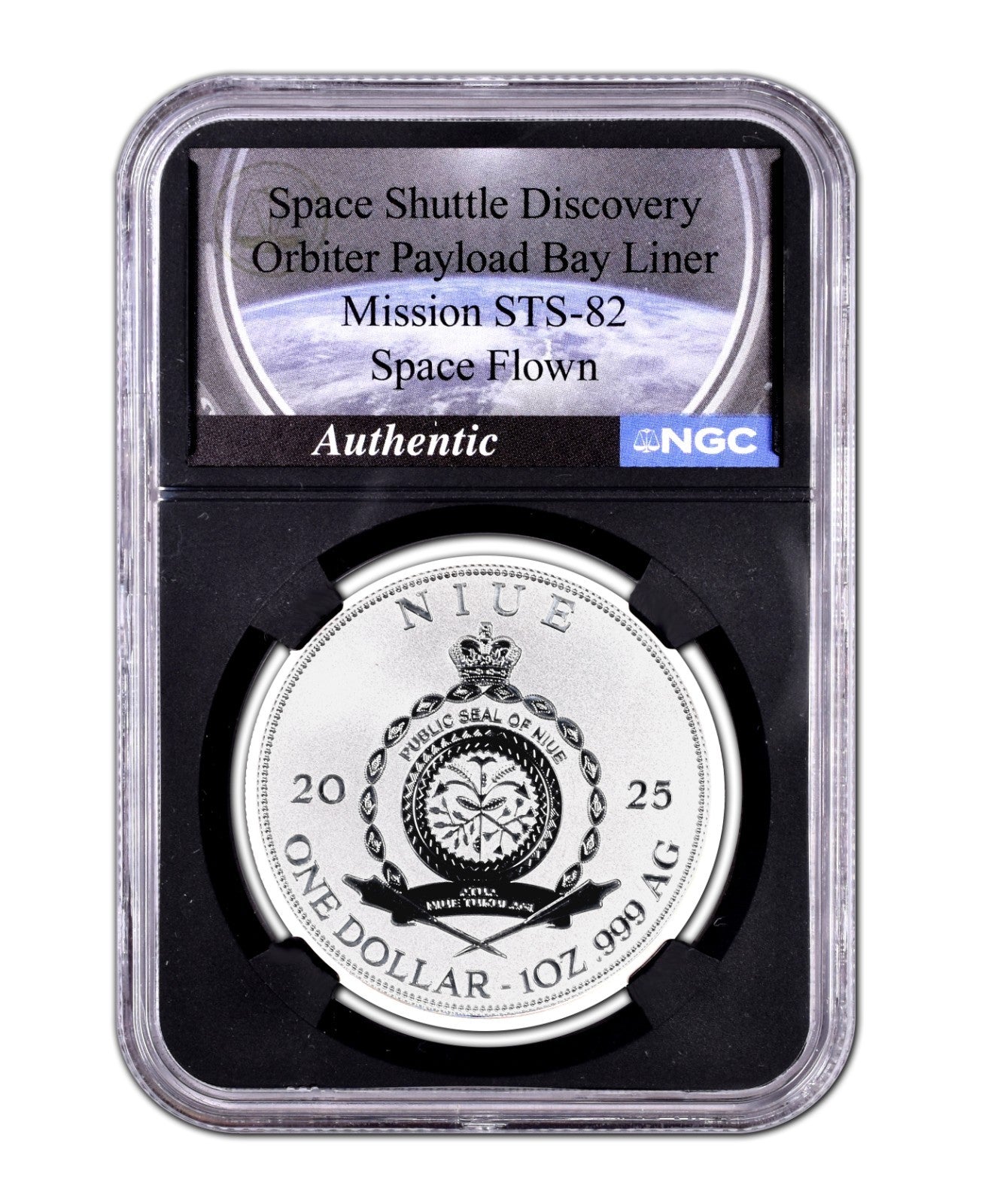 Niue 2025 Discovery Space Shuttle Flown Payload Bay Liner NGC PF70 1 oz Silver