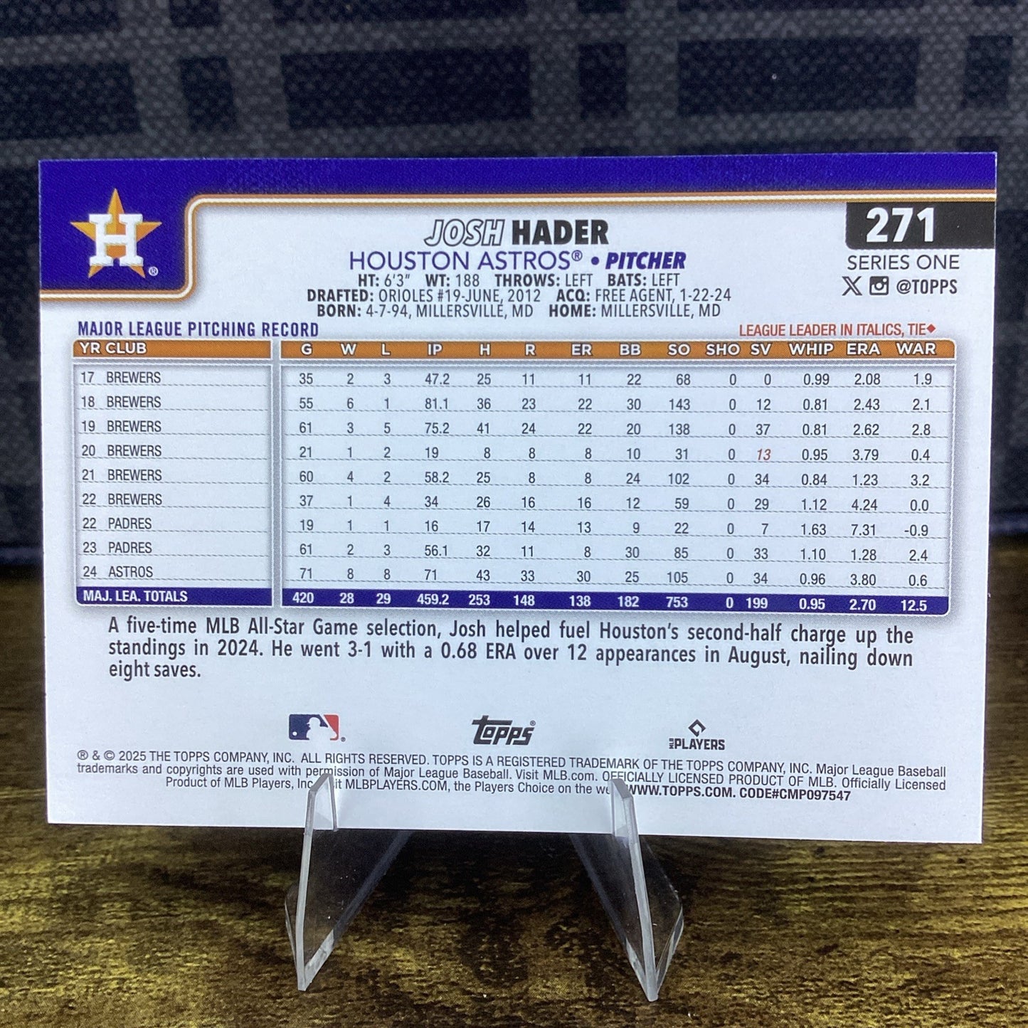 2025 Topps Series 1 Josh Hader Palm Trees Foil #271