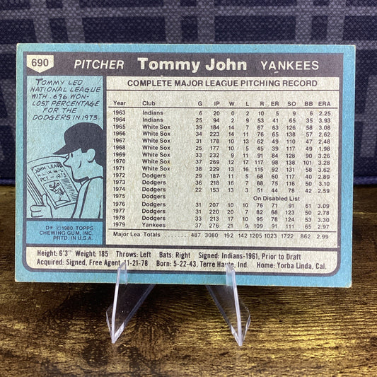 Tommy John 1980 Topps ML Baseball Trading Card # 609 NY Yankees