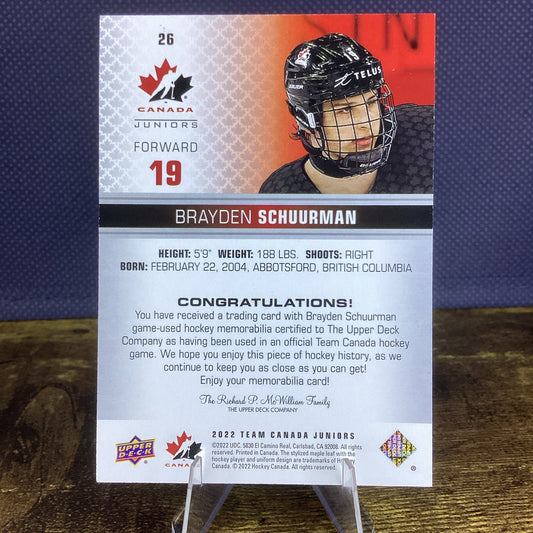 2022 Upper Deck Team Canada Juniors LW Jersey Relics. Brayden Schuurman #26