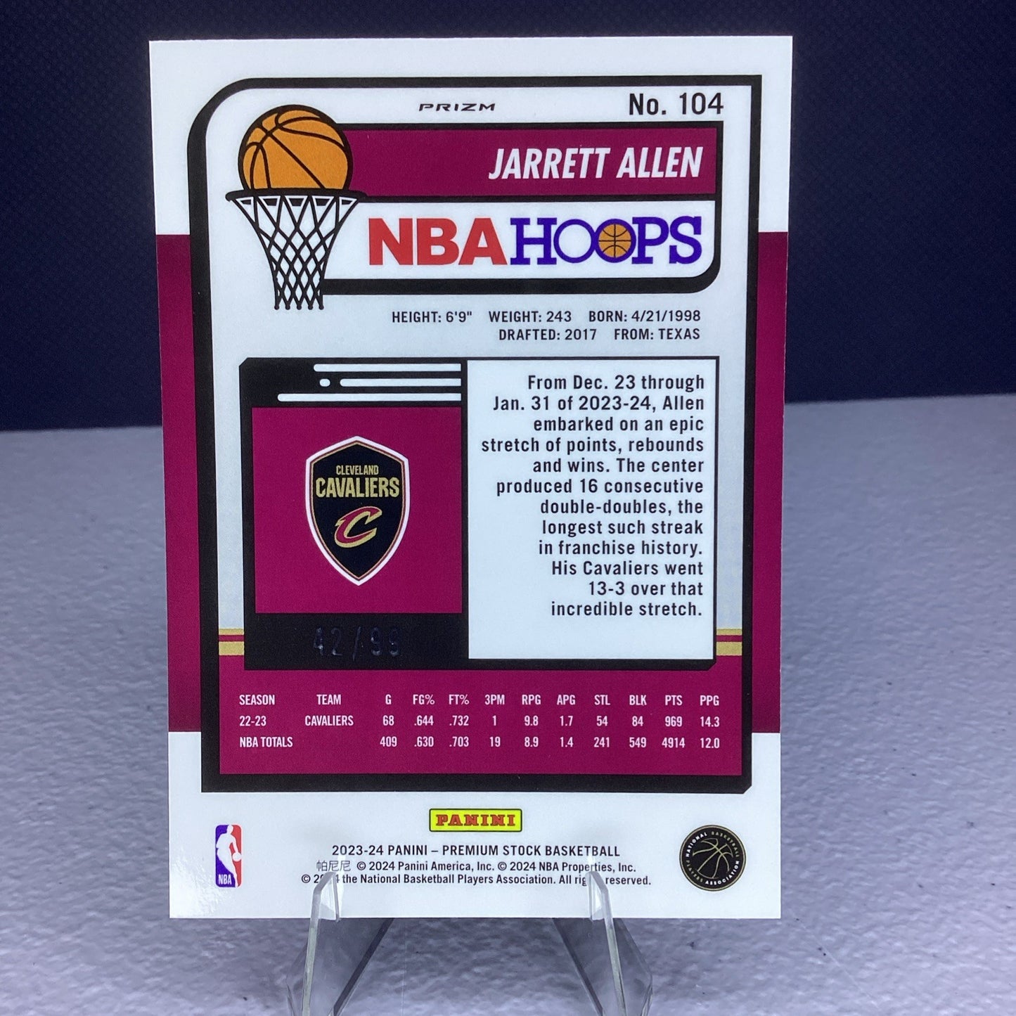 2023-2024 Jarret Allen NBA Hoops Premium Stock Blue Disco Cavs 42/99