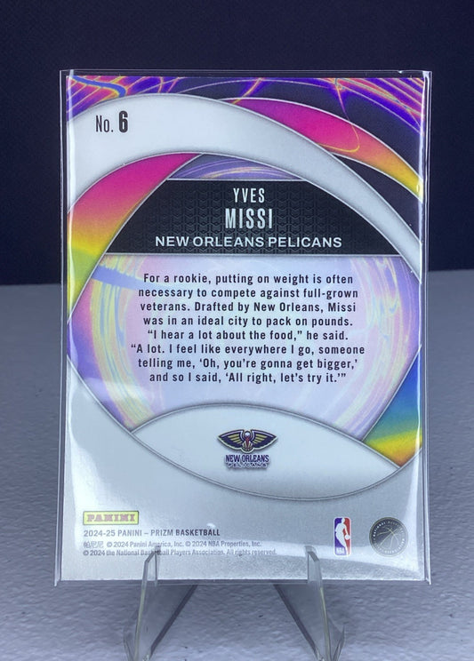 2024-25 Panini Prizm #6 Yves Missi Instant Impact Silver Prizm Pelicans RC