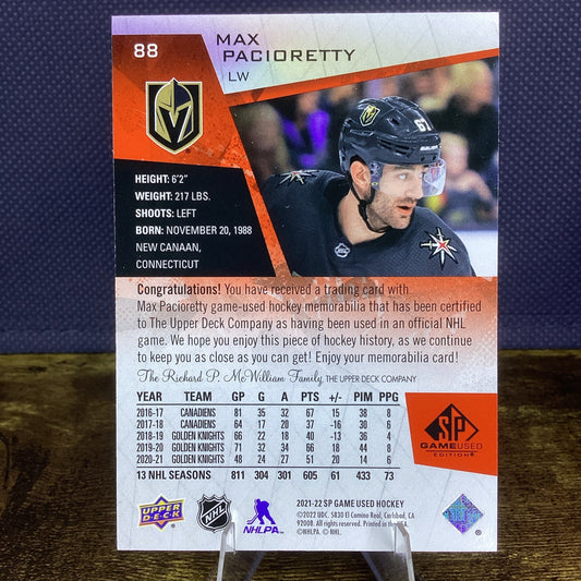 Max Pacioretty 2022-23 SP Game Used Jersey White Patch #88 Vegas Knights
