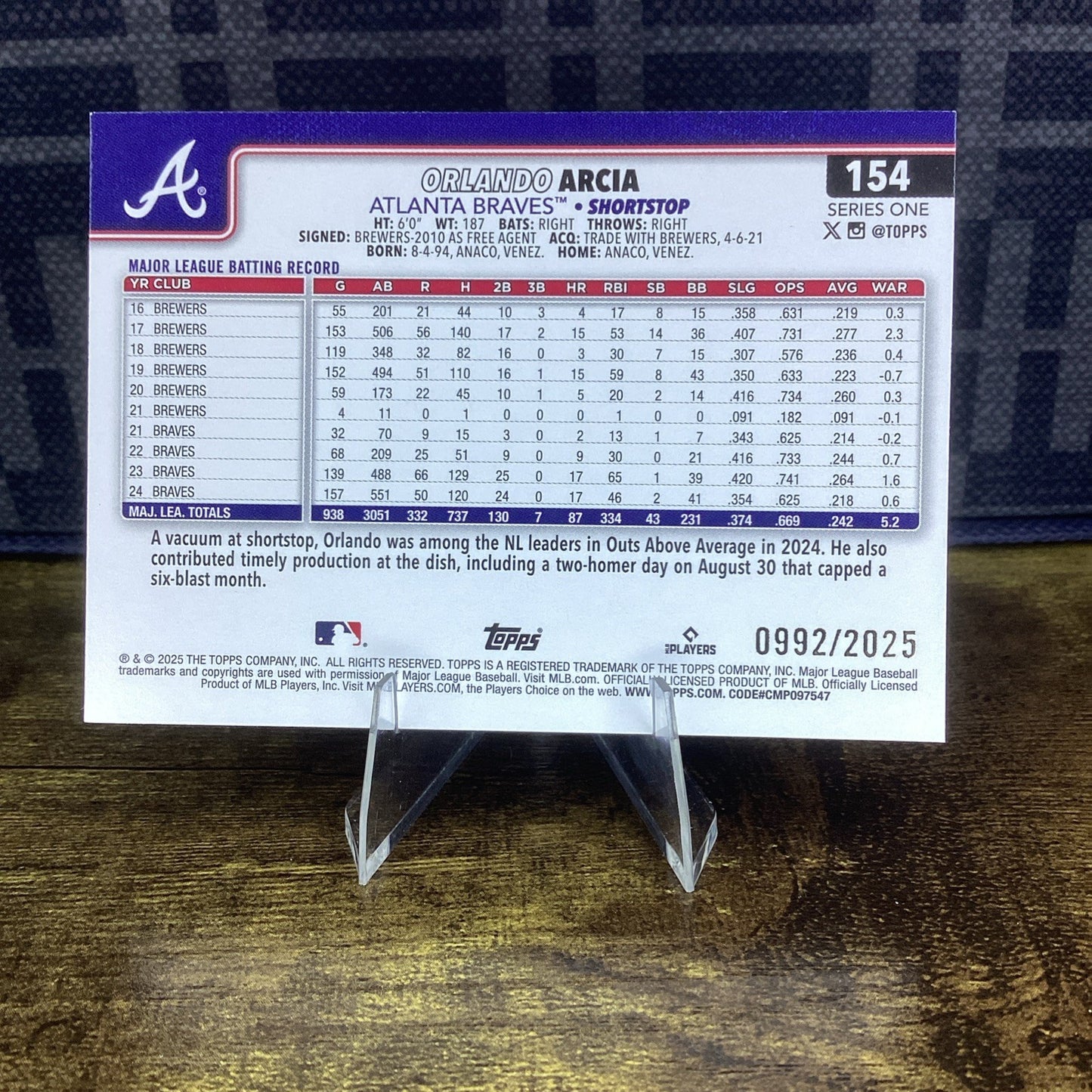 2025 Topps Series 1 - Orlando Arcia - #154 Gold Parallel #'d /2025 BRAVES