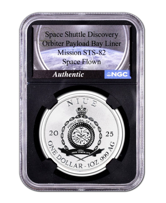 Niue 2025 Discovery Space Shuttle Flown Payload Bay Liner NGC PF70 1 oz Silver