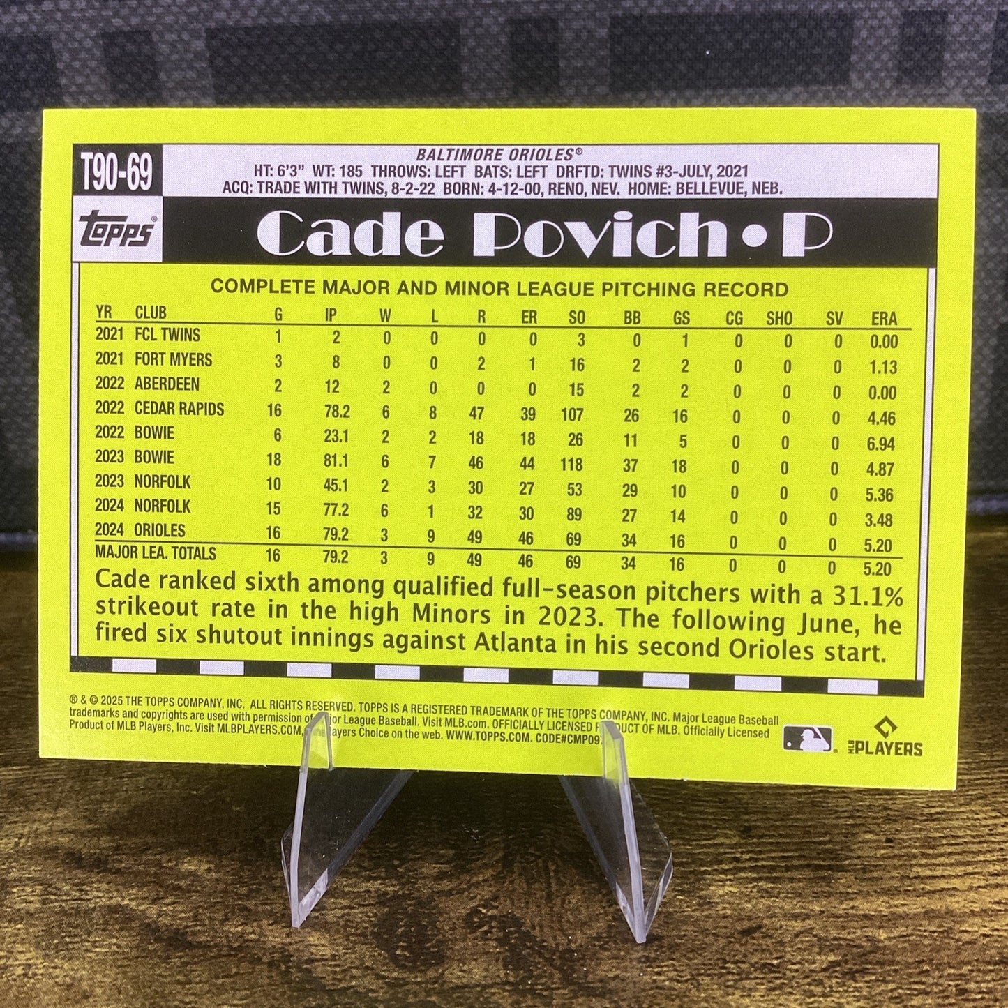 2025 Topps Series 1 1990 Insert #T90-69 Cade Povich RC Baltimore Orioles