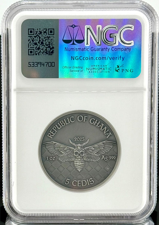 2025 Ghana 1 oz Silver High Relief Pirate Memento Mori NGC MS70 Antiqued FR