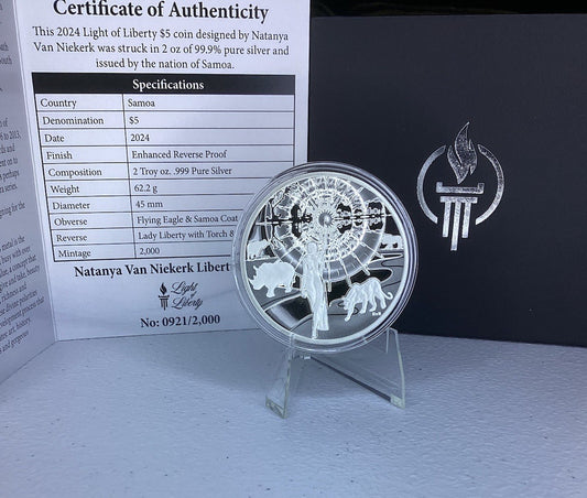 2024 $2 Samoa 1oz Light Of Liberty Taylor Silver Enhanced Reverse Proof UHR OGP