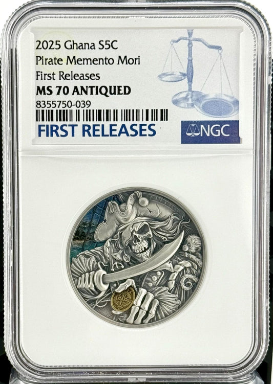 2025 Ghana 1 oz Silver High Relief Pirate Memento Mori NGC MS70 Antiqued FR