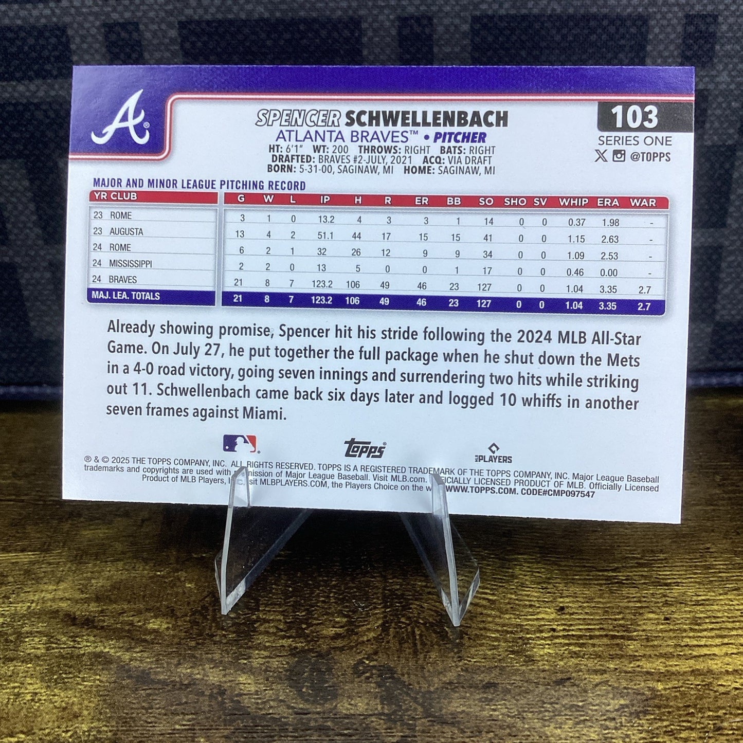 2025 Topps Series 1 - #103 Spencer Schwellenbach (RC) - Atlanta Braves