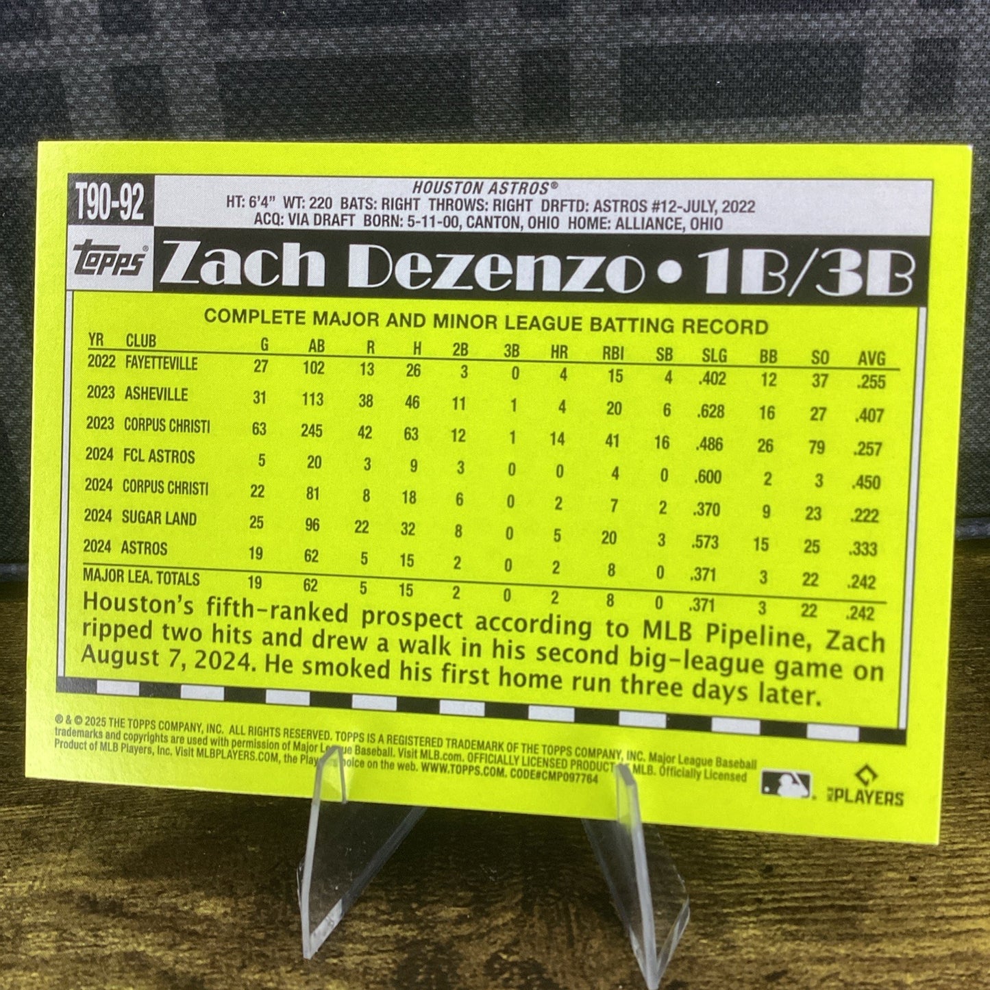2025 Topps Series 1 Zach Dezenzo #T90-92 1990 Topps Pink Parallel RC Astros