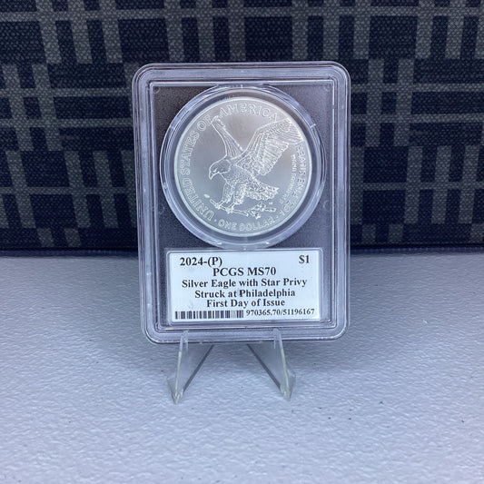 2024 (P) SILVER EAGLE PCGS MS70 STAR PRIVY FIRST DAY OF ISSUE FDI DAMSTRA SIGNED
