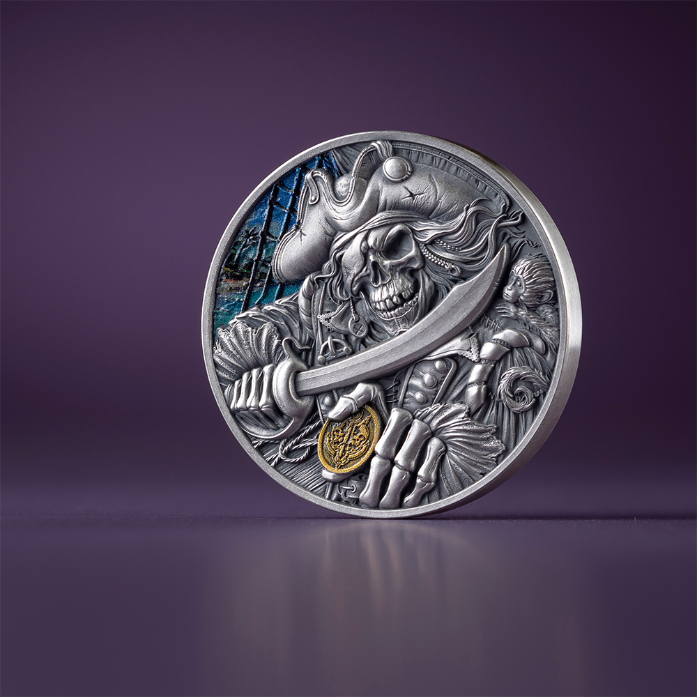 2025 Ghana 1 oz Silver High Relief Pirate Memento Mori NGC MS70 Antiqued FR