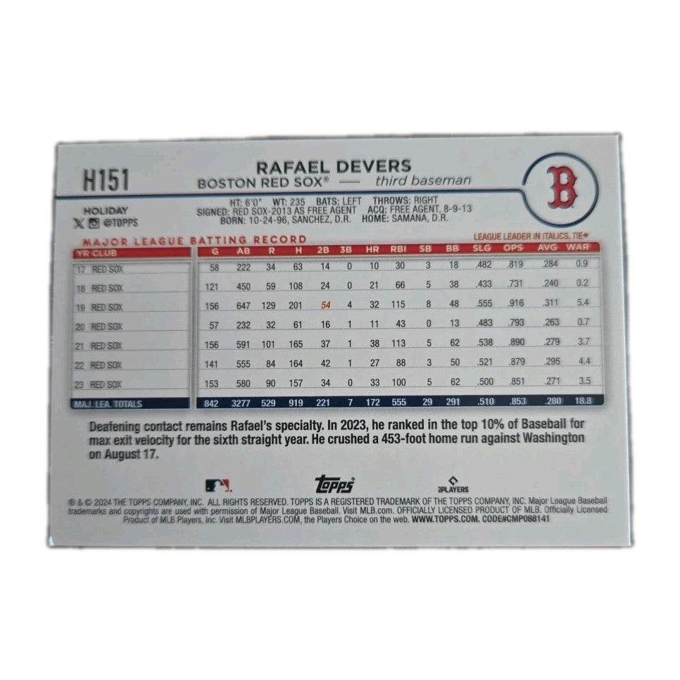 2024 Topps Holiday Rafael Devers #H151 Silver Glitter Boston Red Sox